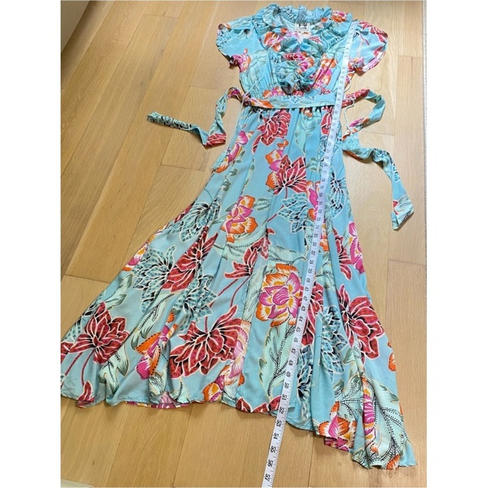 Jaase Boho Aqua Light Blue Floral Dress Ruffle Flowy Tassel Smocked Medium - Picture 8 of 16